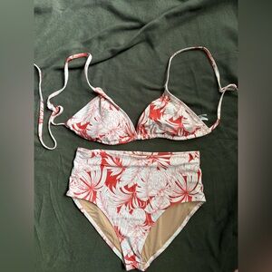 Coral and White Floral High-Waist Bikini Set